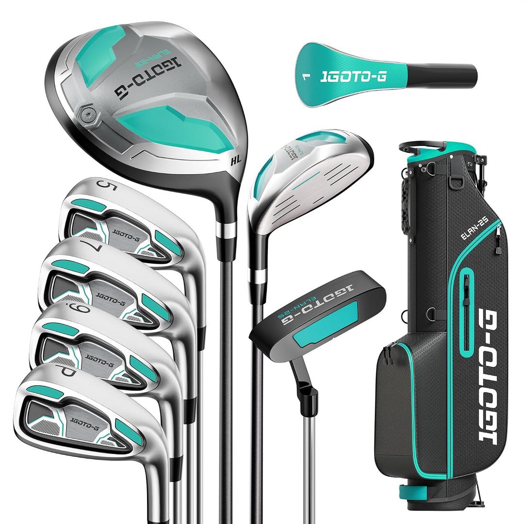 1GoTo-G 9 Pieces Golf Clubs Set for Men & Women - Complete Golf Clubs Full Set Includes Stand Bag with Rain Hood, 1# Drive, 5# Hybrid, 5# 7# 9# PW# Irons and Putter, Green - Women’s, Left