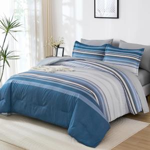 Dobuyly Grayish Blue Comforter Full Size Set 7 Pieces, Boho Striped Bed in a Bag Full Soft Microfiber All Season Grey Bedding Set with Comforter, Sheets, Pillowcases & Shams