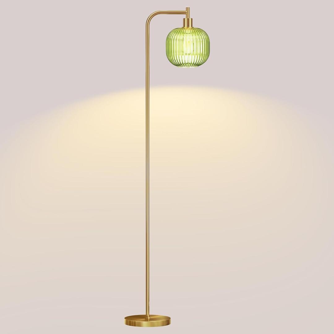 Mid Century Modern Floor Lamp, 67" Tall Standing Lamp with Transparent Green Glass Shade, Vintage Gold Floor Lamp for Living Room Bedroom, Stable 6.2lbs Weighted Base, ST64 LED Bulb Included
