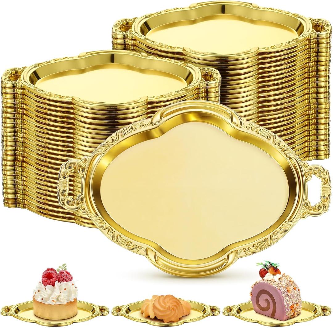 50 Pcs Oval Mini Baroque Dessert Display Tray Mini Elegant Plastic Serving Tray Small Cake Candy Plates for Weddings Party Bridal Baby Shower, Birthday, Candy Jars Decorations (Gold)