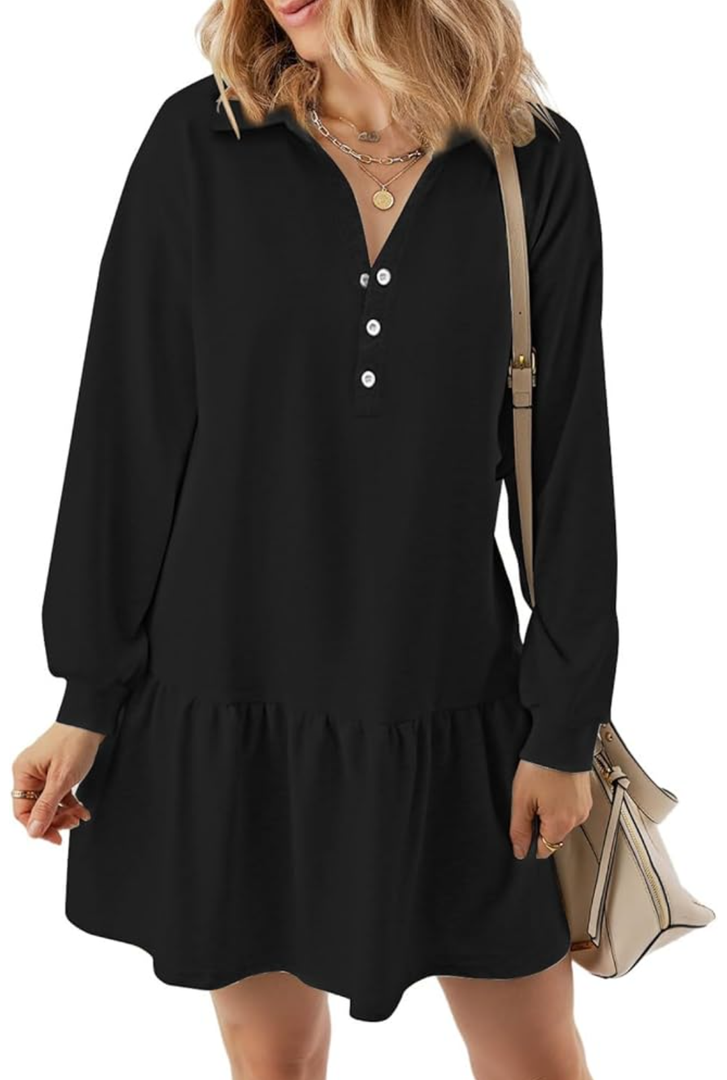 Women's Casual Dresses Long Sleeve Button V Neck Sweatshirt Dress Lapel Collared Pullover Dress, L