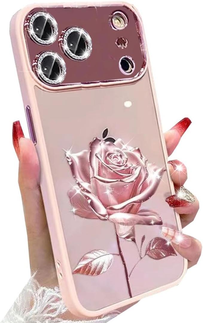 for iPhone 17 Pro Max Fairy Rose Clear Case, Cute Flower Floral with Glitter Bling Sparkly Camera Lens Protector TPU Bumper Shockproof Women Girls Phone Case for iPhone 17 Pro Max 6.9", Pink