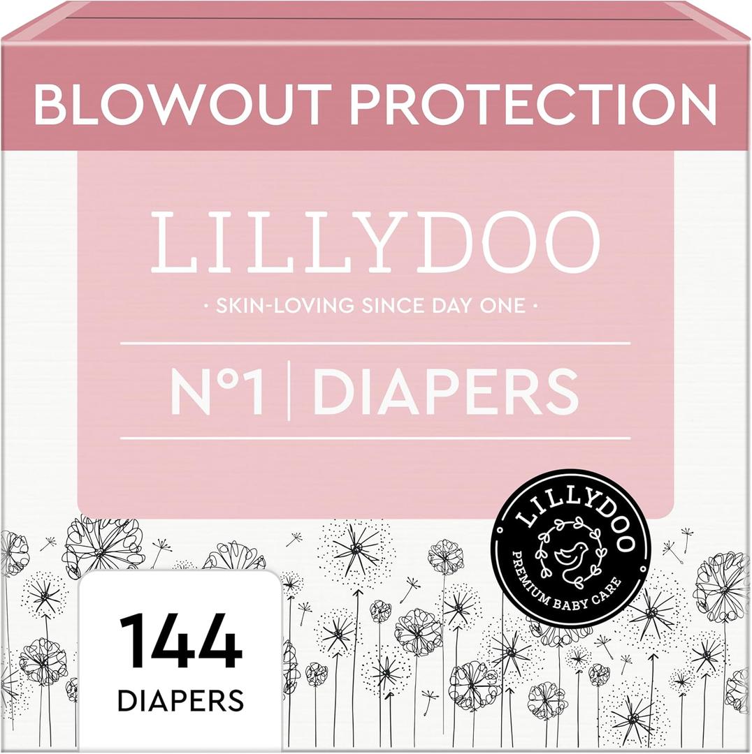 LILLYDOO Baby Diapers - Size 1 (4-11 lbs), Monthly Supply (144 Count), Leak Protection, Skin-Friendly, Ultrasoft, Perfume- & Chlorine-Free, Hypoallergenic, Dermatologist Tested, Oeko-TEX