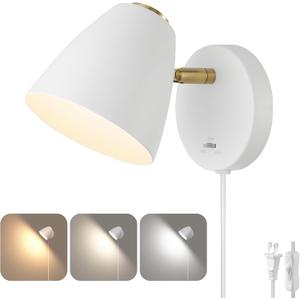 Modern Plug in Wall Light, Adjustable Angle 100&330Small White Plug in Wall Sconce, 3 Color Changeable Indoor Sconce Wall Mounted Reading Light, LED Wall Lamp as Kid Room Living Room Bedroom