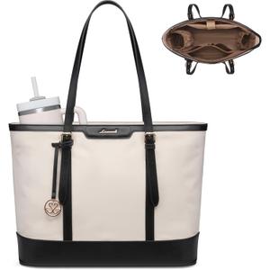 LOVEVOOK Work Tote Bag for Women 15.6 Inch Laptop Computer Bags with Cup Holder, Large Teacher Bag Briefcase for Business Office Travel Black-White, Nylon&PU