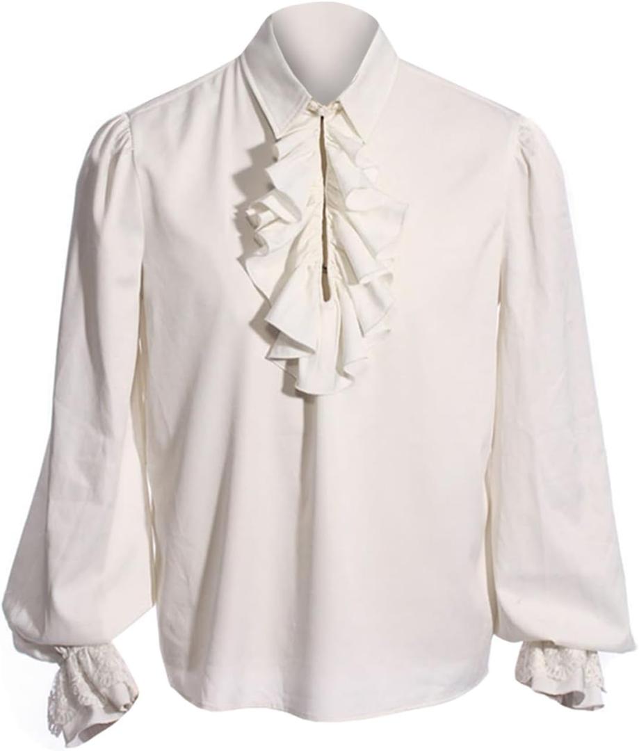Bbalizko Mens Pirate Shirt Ruffle Victorian Renaissance Steampunk Vampire Poet Shirts Gothic Medieval Costume (X-Large, White)