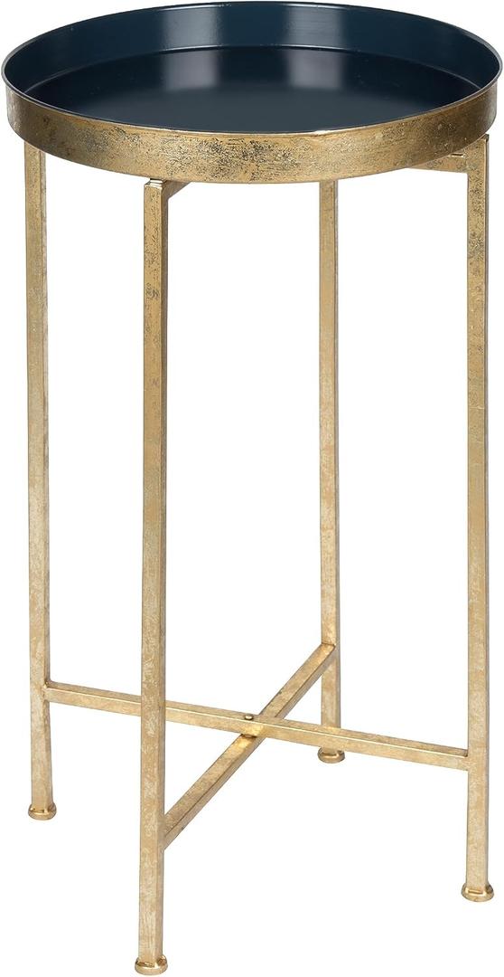 Kate and Laurel Celia Round Metal Foldable Tray Accent Table, Navy Blue with Gold Base, 14x14x25.75