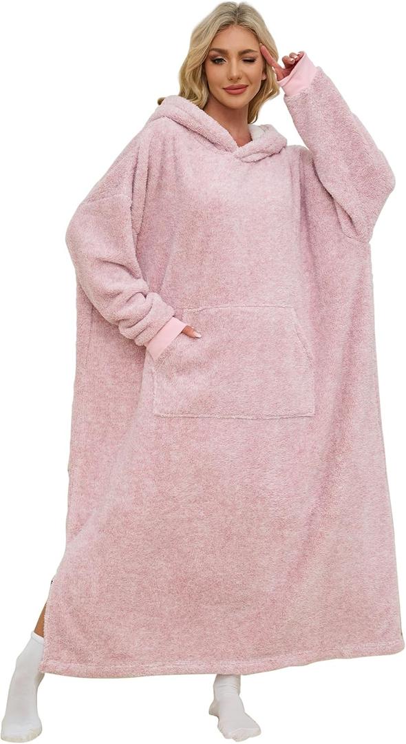 Snuggy Hooded Blanket for Adult, Wearable Blanket Hoodies for Women & Men Warm Cozy Sherpa Sweatshirt with Giant Pocket (Standard, Light Pink)