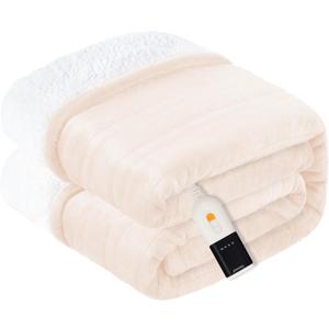 Warmrest Heated Blanket Electric Blanket Twin Size Soft Flannel Sherpa, 6 Heat Levels Fast Heating, 2 to 10 Hours Auto-Off Detachable Controller Machine Washable, Beige 62"x84"