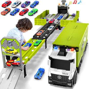 Carrier Truck Race Track Boys Toys, Foldable 3 Layer Toddler Track Playset, Toy Truck Transport Car Carrier & 8 Race Cars, Truck Car Kids Toys for Age 3 4 5 6+ Years Old Boys Girls (Green)