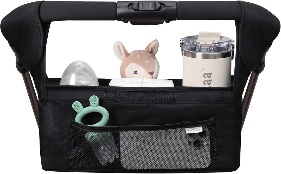 haakaa Stroll & Go Organiser with 2 Insulated Cup Holder - Black, Ultimate Stroller Organizer Universal Fit with Adjustable Non-Slip Straps & Hooks, Stroller Caddy Accessories with Shoulder Strap