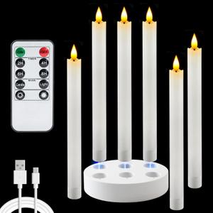 Homemory Rechargeable Flameless Taper Candles, Real Waxy LED Candlesticks Flickering, Battery Operated Candles with Remote Timer, 9.6 Inches for Home Wedding Christmas Decor, 6 Pcs, White