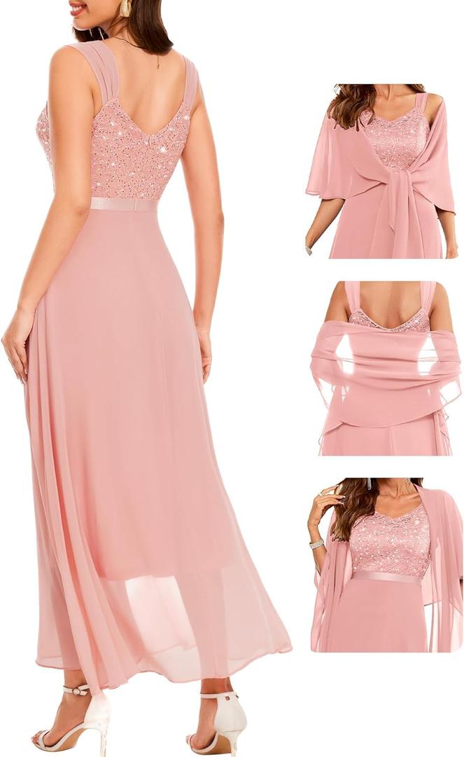 BeryLove Formal Wedding Guest Sequin Mother of The Bride Dress Evening Dresses (Medium, Blush)