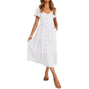 KIRUNDO Women 2025 Spring Summer Casual Short Sleeve Midi Dress Button V Neck Tiered Vacation Sundress with Pockets(White, X-Large)