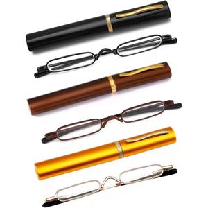 3 Pack Slim Pen Reading Glasses Metal Frame & Case Compact Portable Spring Hinge Eyeglasses for Women Men (Black, Brown, Gold, +1.25)