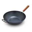 GreenPan Carbon Steel Wok 14, Flat Bottom, Durable Stir-Fry Pan, Pre-Seasoned Nonstick Patina, High Heat Retention, Induction, Ash Wood Handle, Kyoto, Black
