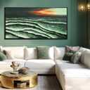 VAYIMDH Ocean Wave Wall Art, Green Sunset Seascape Canvas for Living Room Decor 29"x58"
