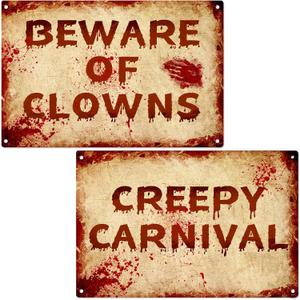 2 Pcs Terrifying Halloween Clown Metal Signs, CREEPY CARNIVAL & BEWARE OF CLOWNS Bloody Vintage Warning Signs, Spooky Scary Evil Circus Wall Decor, Indoor Outdoor Carnival Party Yard Event Decoration