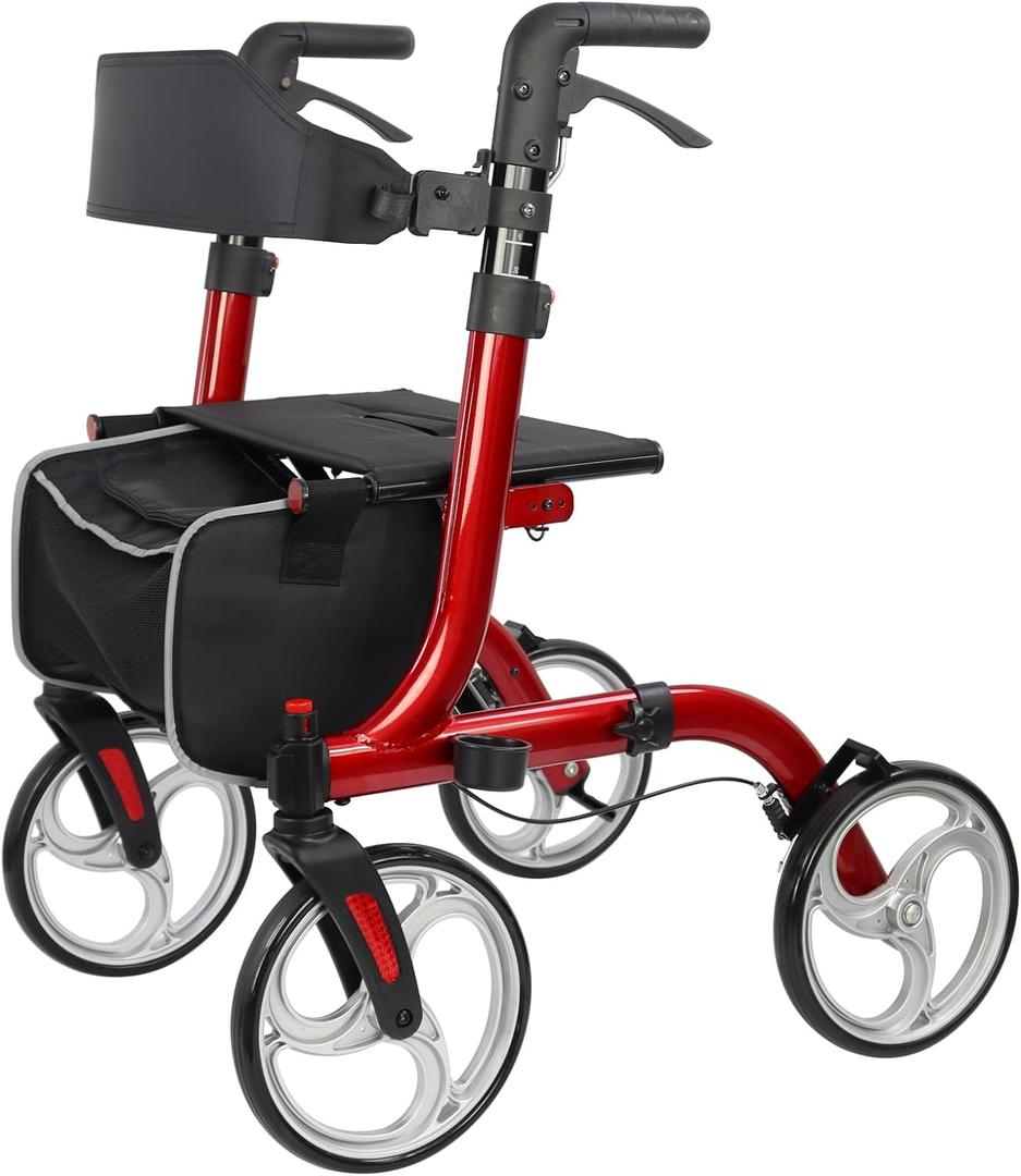 Rollator Walkers for Seniors-Folding Rollator Walker with Seat and Four 10inch Wheels-Medical Rolling Walker with Comfort Handles and Thick Backrest-Lightweight Aluminium Frame and Basket (Red)