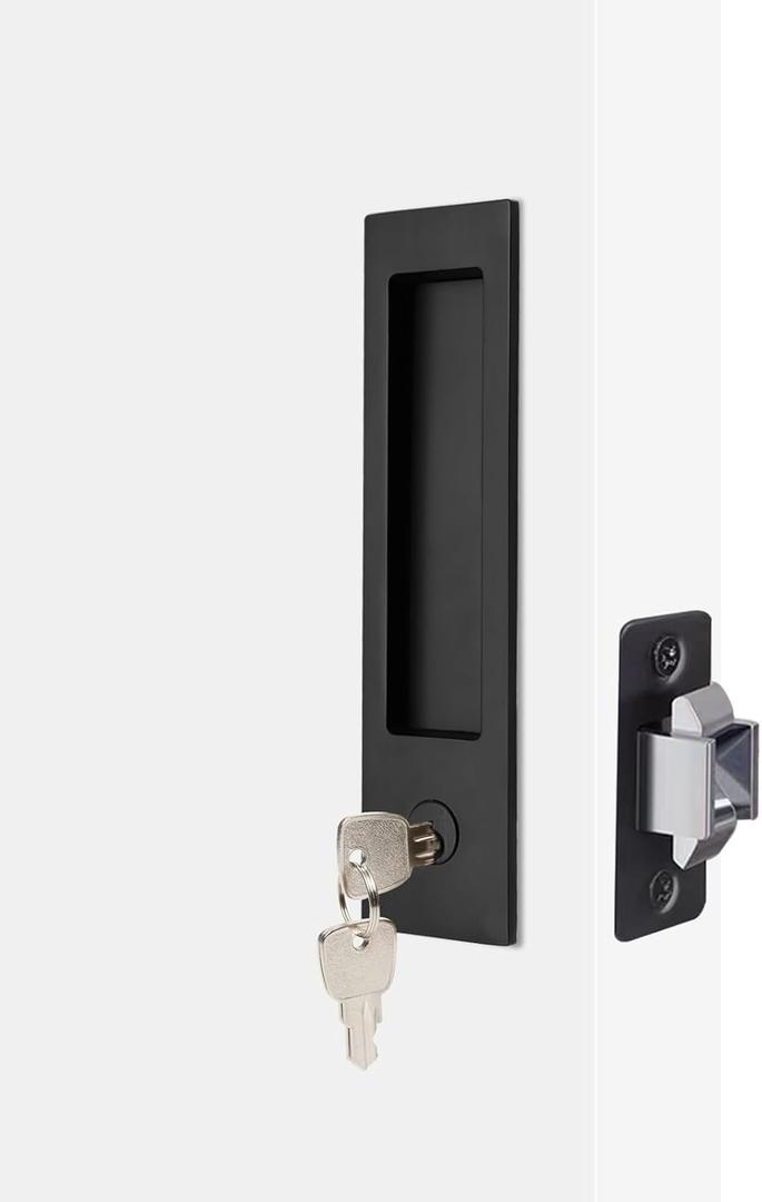 Dontay Pocket Door Handle, Modern Rectangular Keyed Entry Function, (Bed/Bath) Pull Latch, Recessed Sliding Door Hardware for 1 3/8 to 2 3/16 Thickness (Keyed Entry Lock, Matte Black, 2 Pack)