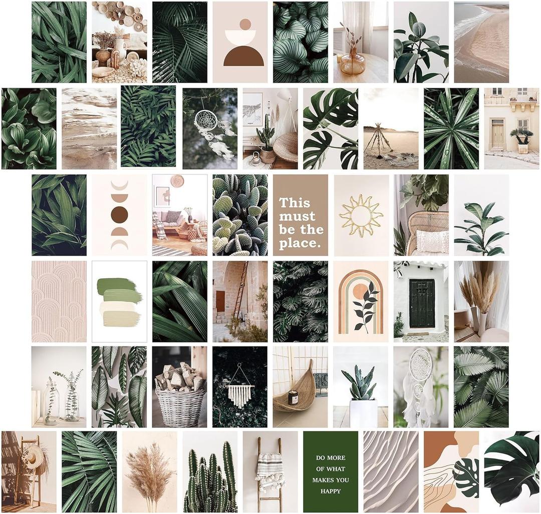 Jiovbiol Botanical Photo Collage Kit for Wall Aesthetic Pictures 50 Set 4x6 Inch,Vintage Wall Decor,Bedroom Decor for Teen Girls,Fresh And Nature Wall Art (Dark green series)