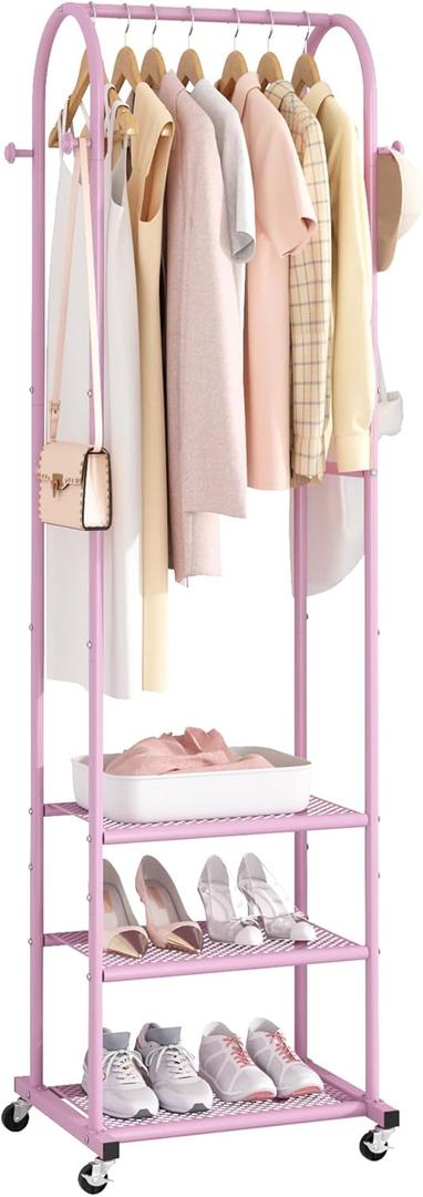 Kaitiemoo Heavy Duty Clothing Rack with Wheels,Modern Garment Rack with 3 Metal Shelves, 71.8Inches Display Rack for Hanging Clothes, Hanging Rod for Small Space,Pink
