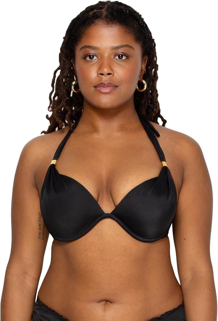 Smart & Sexy Women's Swim Secret Mega Push-up Halter Bikini Top (34C, Black Hue)