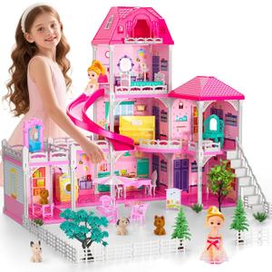 Doloowee 3-Level DIY Dollshouse for Girls with 7 Themed Rooms, 2 Dolls & 4 Dogs - Dolls House Toys with Slide, Furniture & Accessories for 4-8 Years Old