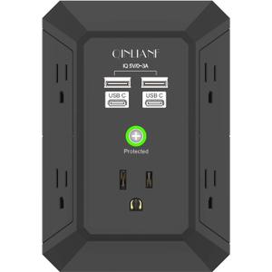 Surge Protector, QINLIANF 5 Outlet Extender with 4 USB Ports(2USB-C) | 1680 Joules, 3-Sided Power Strip, Multi Plug Wall Outlet Adapter Spaced for Home Travel Office, Black