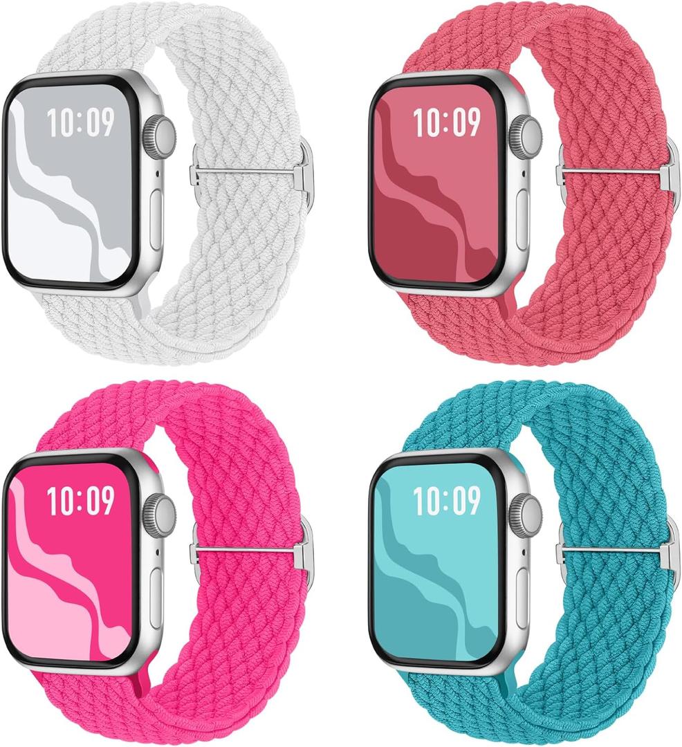 Braided Stretchy Solo Loop Compatible for Apple Watch Band 38mm 40mm 41mm 42mm 44mm 45mm 46mm 49mm for Women Men, Nylon Elastic Straps Wristbands for iWatch Series 10 9 8 7 6 SE 5 4 3 2 Ultra Ultra 2 (HotPink/White/Teal/Peach)