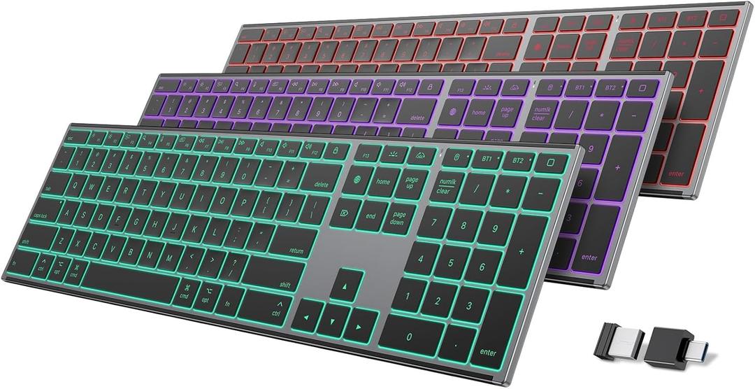 OMOTON Wireless Keyboard for Mac with Forged Metal Frame - 2.4G & Dual Bluetooth (BT1/BT2), Type-C/USB A Receiver, Ultra-Thin, Backlit, Full Size Keyboard for Mac/MacBook/iMac, Grey