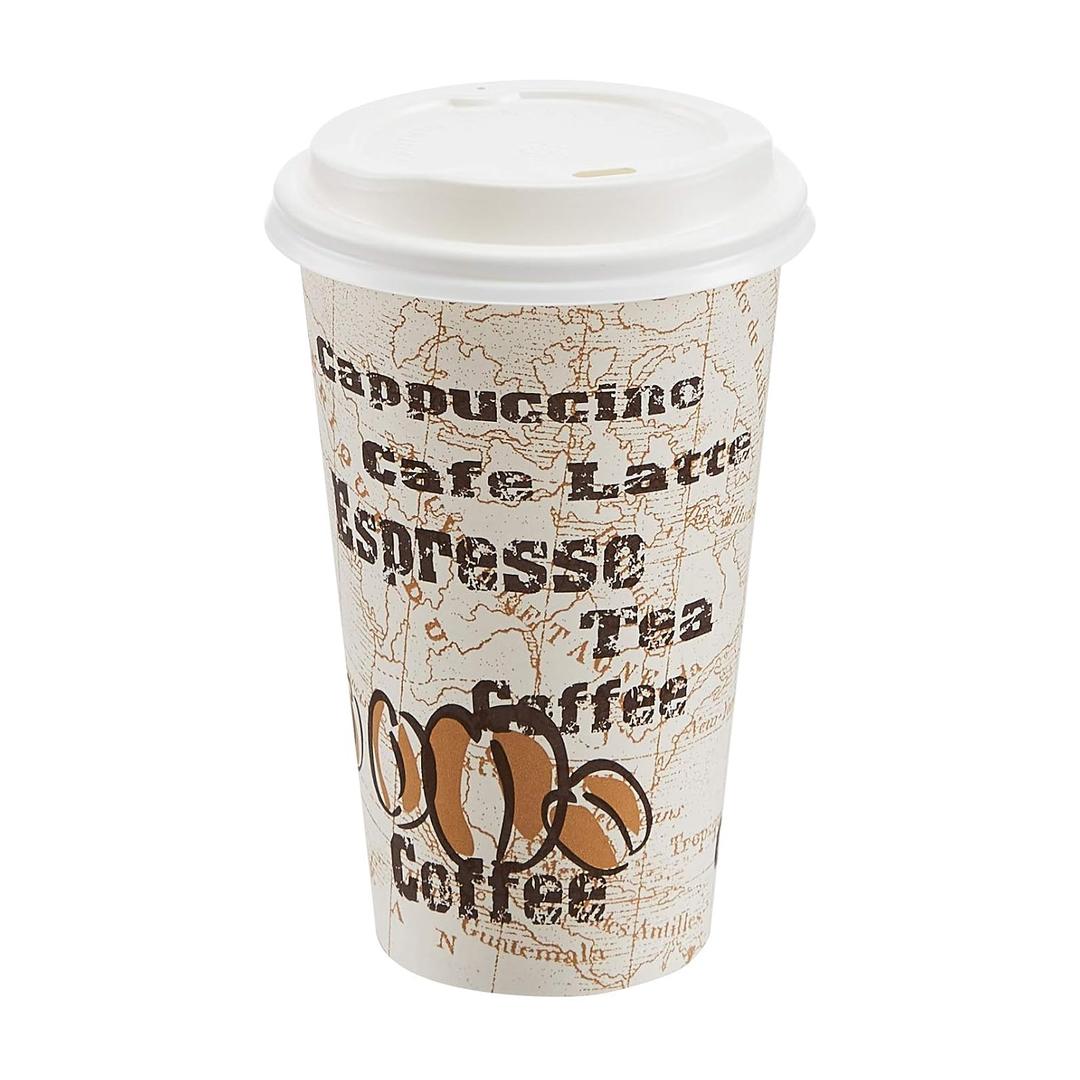 Amazon Basics Disposable Hot Paper Coffee Cups with Lids, To Go, Caf Design, 16 oz, 100-Count