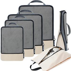 BAGAIL 4 Set/6 Set/8 Set Compression Packing Cubes Travel Accessories Expandable Packing Organizers(Beige HalfMesh 6 Set)