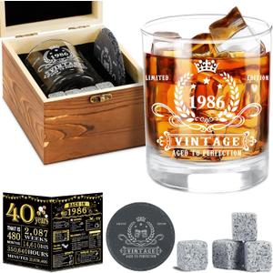 YeohJoy 40th Birthday Gifts for Men,Vintage 1986 Whiskey Glass Set,Wood Box & Whiskey Stones & 1986 Poster Anniversary Card & Coaster,Birthday Gifts Ideas for Him,Husband,Dad