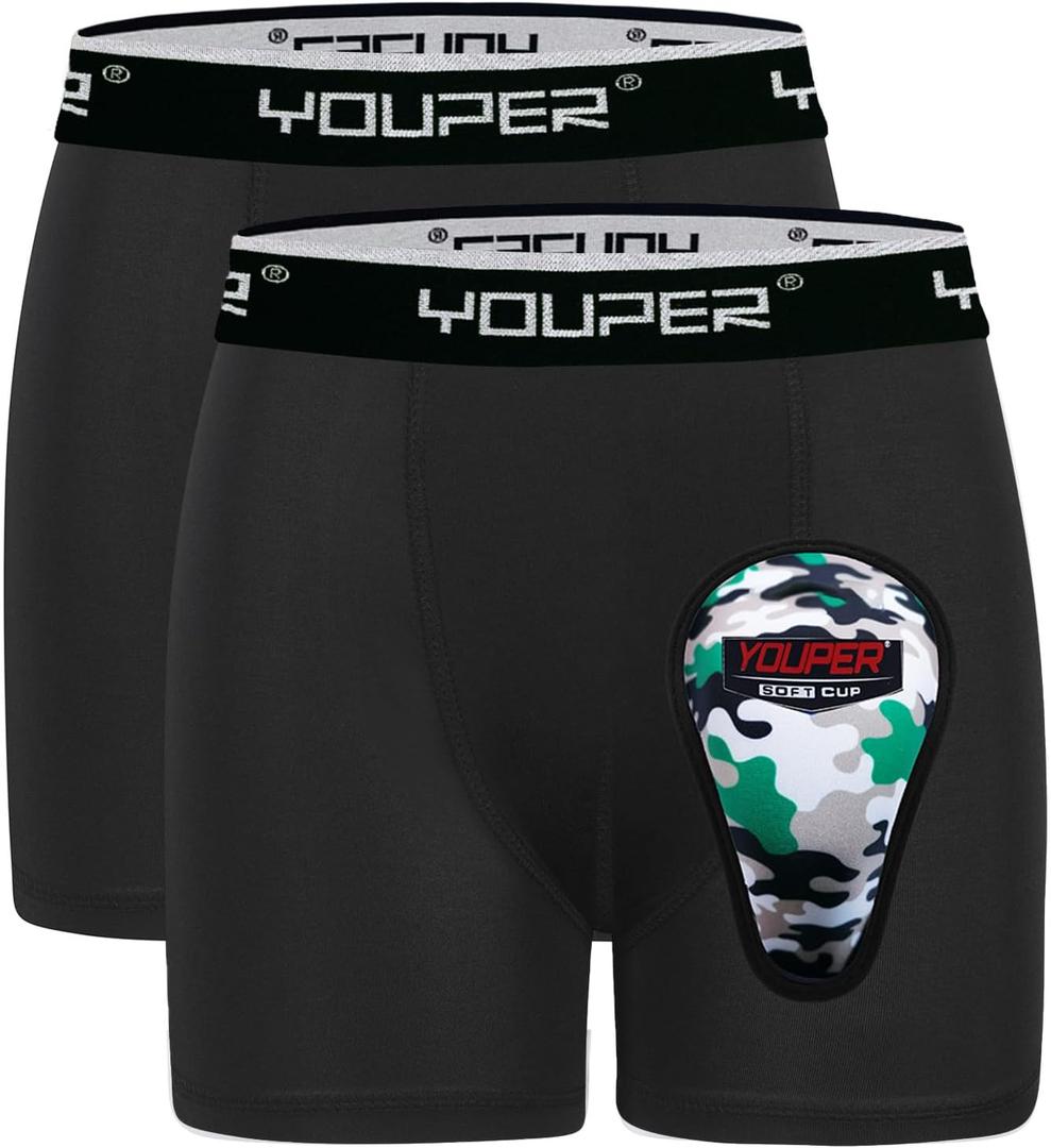 Youper Youth Brief w/Soft Athletic Cup, Boys Underwear w/Baseball Cup (2-Pack) (Large, Black)