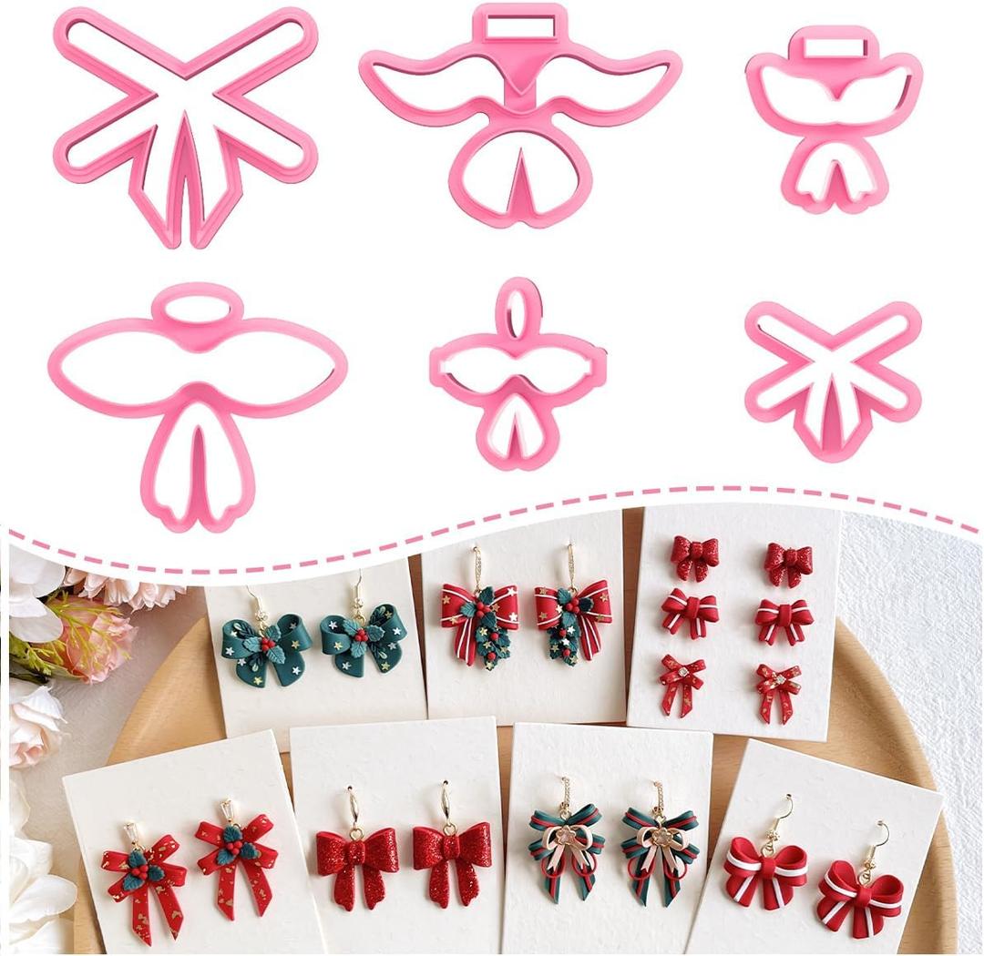 KEOKER Bow Clay Cutters, Christmas Polymer Clay Cutters, 6 Shapes Ribbon Clay Cutter for Polymer Clay Jewelry, Spring Polymer Clay Earring Cutters, Polymer Clay Cutters Christmas (Bow Color)