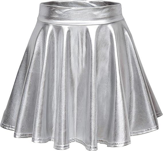 EXCHIC Women's Shiny Metallic Wet Look Stretchy Flared Mini Skater Skirt, Silver, Large
