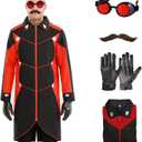 Adult Dr Villain Costume Cosplay Black Red Jacket Coat for Men Halloween Party Outfit with Jacket Gloves Glasses and Beard (Small, 4pcs)