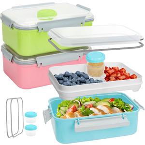 3 Pack Salad Lunch Box Food Storage Containers, 47oz Bento Box To Go Container with Lids, Meal Prep Containers with Removable Tray & Dressing Pots for Kids and Adults, Reusable and Microwavable (Pink & Green & Light Blue)