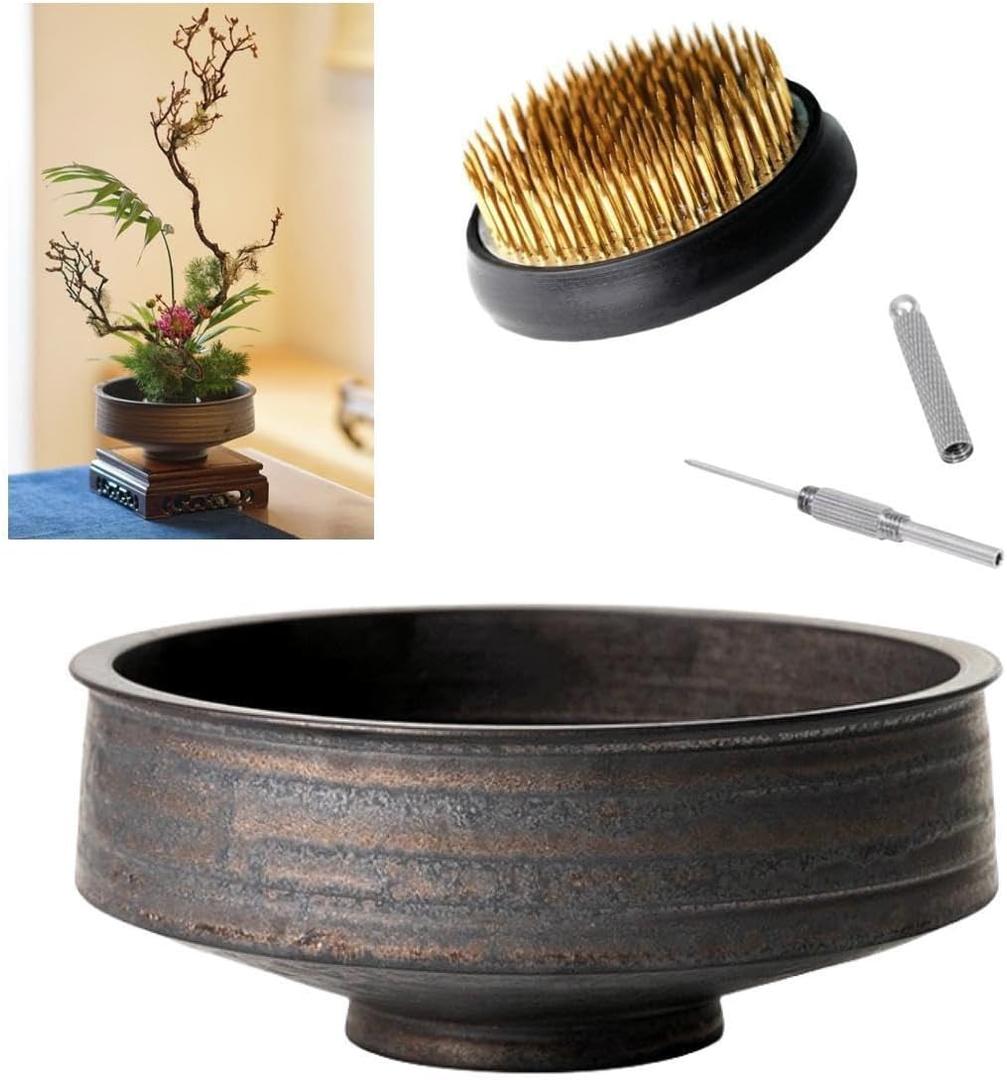 Japanese Ikebana Vase Kit, Flower Shallow Container 7.5inch Ceramics Flower Bowl Ikebana Vase with 2.4inch Floral Frog and 2-in-1 Kenzan Corrector (Retro Style)
