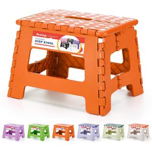 ACSTEP 9 Inch Folding Step Stool 300 LB Capacity Plastic Foldable Step Stools for Kids and Adults, Folding Stool Suitable for Kitchen, Stepping Stool with Handle Orange Small Step Stool 1PC