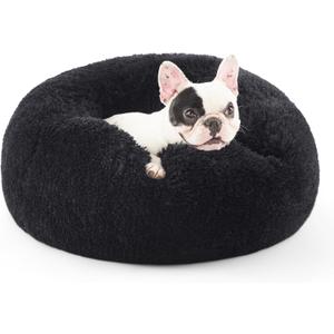 Bedsure Calming Dog Bed for Small Dogs - Donut Washable Small Pet Bed, 23 inches Anti-Slip Round Fluffy Plush Faux Fur Large Cat Bed, Fits up to 25 lbs Pets, Black