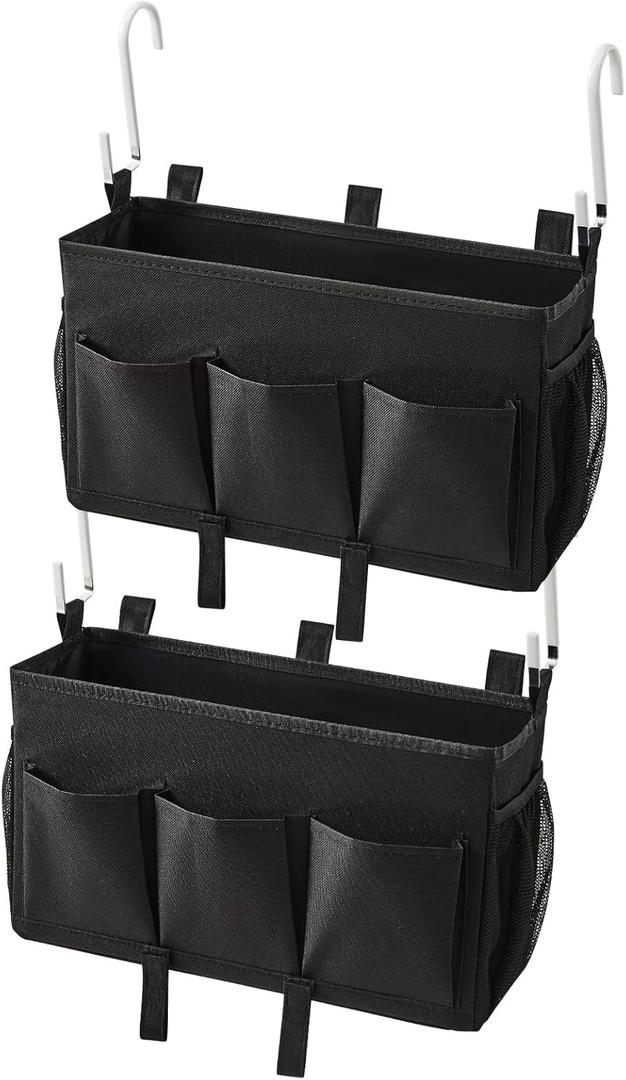 Over-the-Bed Storage Caddy, Black Bedside Organizer with 3 Pockets and 2 Hooks and 3 Fixed Straps, 2 Pack (Black2 pack)