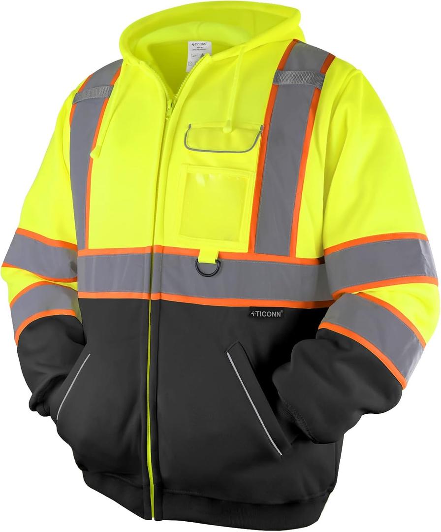 TICONN Safety Hoodie Jacket, High Vis Reflective Safety Fleece Hoodie, PPE Gear for Cold Weather Meet ANSI III, XL