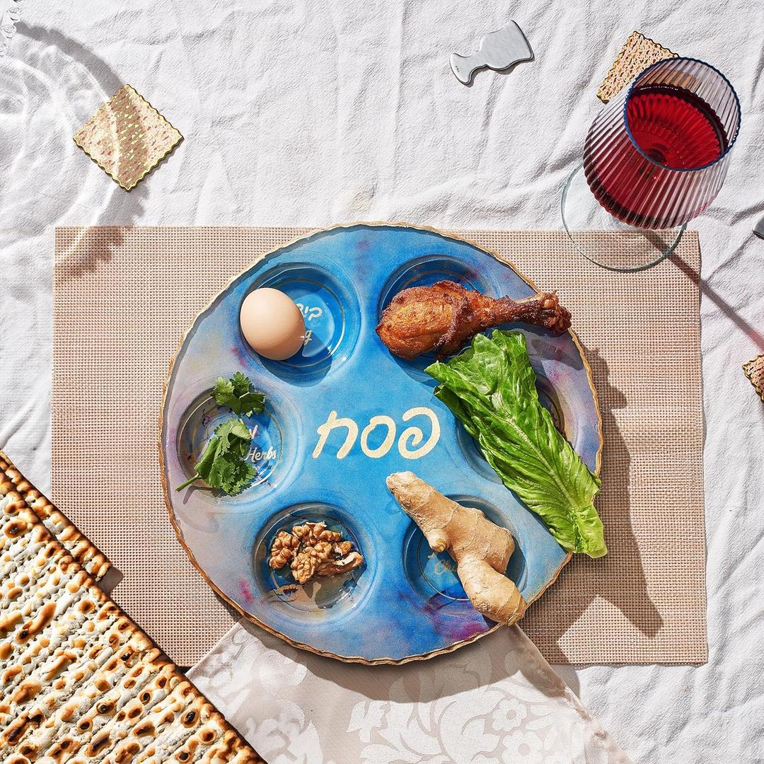 Rite Lite Blue Marble Design Glass Seder Plate for Passover Elegant Round Design with Gold Accents, Hebrew & English Food Labels, Handcrafted 12" Glass Seder Plate, Perfect Pesach Gift