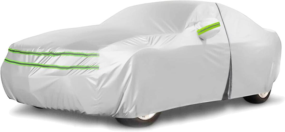 All Weather Universal Car Cover, Waterproof Snow Proof UV Proof Scratch Proof Bird Droppings Proof with Driving Cab Zipper, Fit for Sedan Body Length 205" to 216" - Silvery