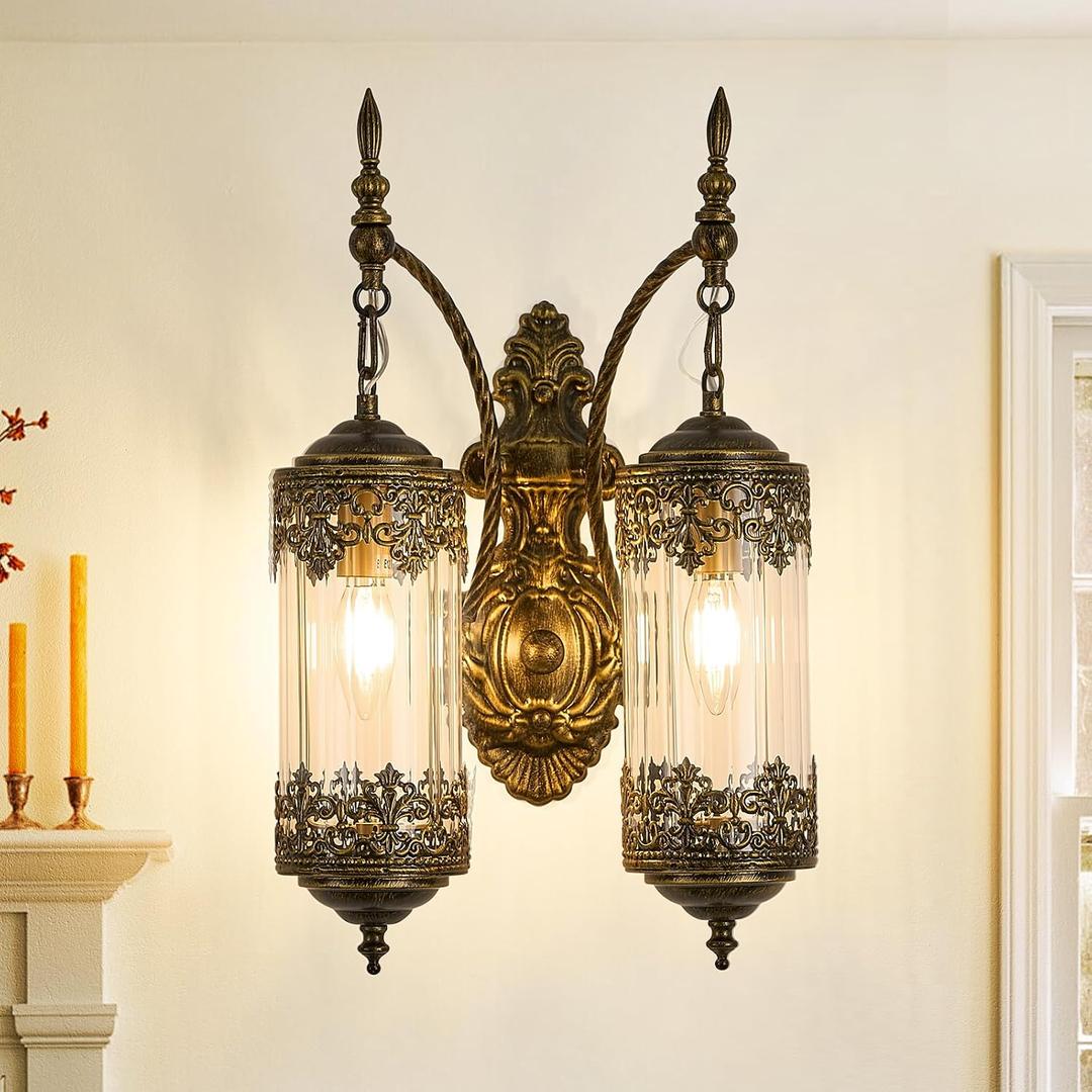 VitaLink Rustic Wall Sconces 2-Light Retro Gold Gothic Wall Lamp Hardwired Glass Wall Sconce Lighting Fixture for Bedroom, Living Room, Aisle, Hallway