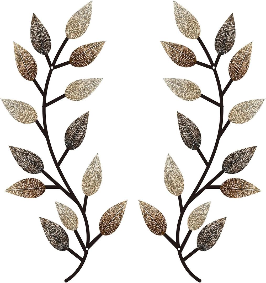 Zhengmy 2 Pieces Metal Tree Leaf Wall Decor Vine Olive Branch Leaf Wall Art Living Room, Hallway Wall Decor Outdoor Decoration(Vintage Brown)