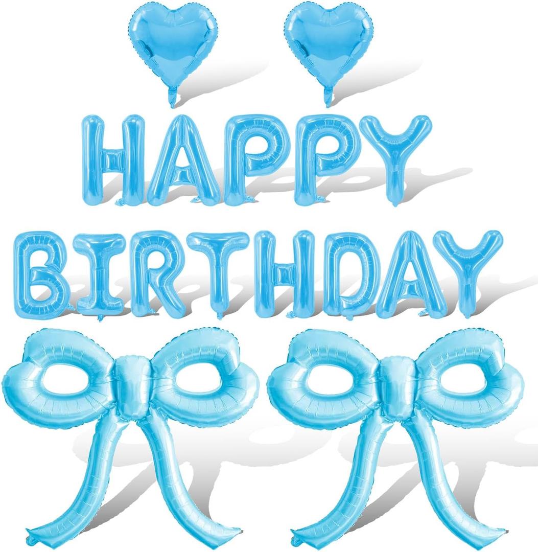Light Blue Bow Balloons Light Blue Happy Birthday Balloons Banner Heart Foil Balloon for Bow Themed Party Decor Supplies Bachelorette Birthday Decoration Ballons Arch Kits Party Balloon Set 17pcs
