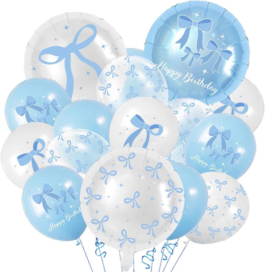 43Pcs Blue Bow Balloons Party Decorations - Coquette Bow Birthday Decorations Blue and White Bow Themed Birthday Balloons for Girls Baby Shower,Bachelorette Party Supplies